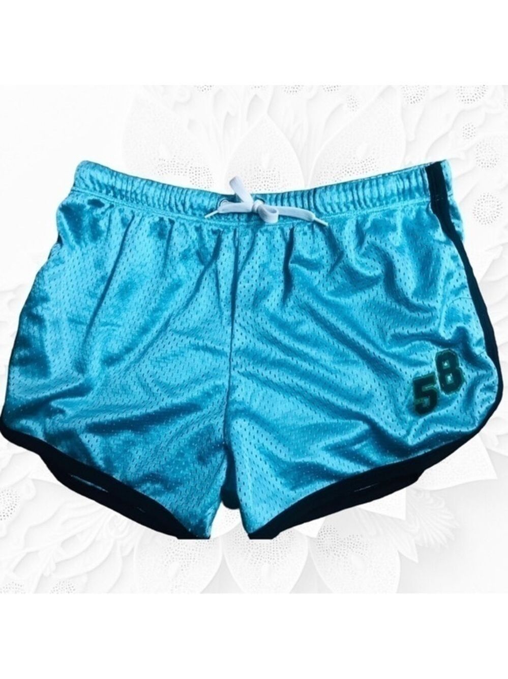 Turquoise Blue Sports Netted Shorts with Black Print